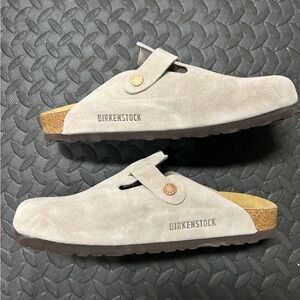 Taupe Grey Suede Boston Birkenstock Clogs